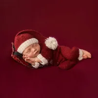 ❤️Newborn Photography Clothing Mohair Christmas Hat+Jumpsuit 2Pcs/set Studio Infant Photo Prop Accessories Santa Costume Outfits