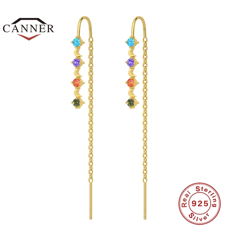 

CANNER Colorful Zircon 100% 925 Sterling Silver Stud Earrings for Women Piercing Chain Earring Jewelry Pendientes Plata 925 Gift