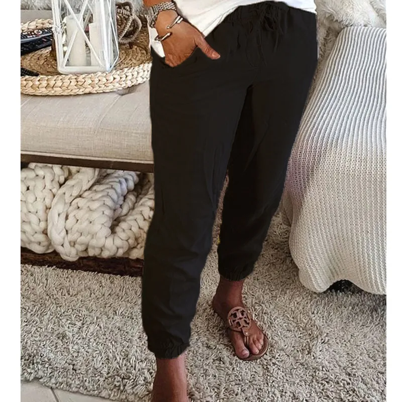 

Bikoles 2021 Summer New Fashion Casual Ladies Long Pants Solid Pockets Patchwork Shirring Belt Elastic Waist Women 3XL Plus Siz