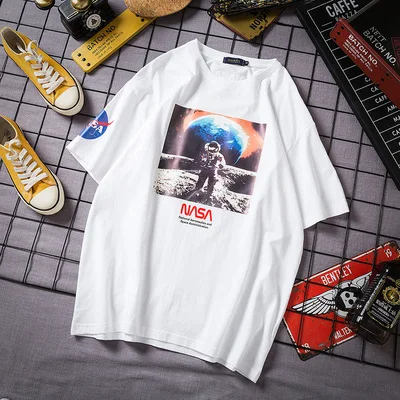 

han Men's summer new astronaut hip-hop short-sleeved T-shirt couple style trendy bottoming shirt with top