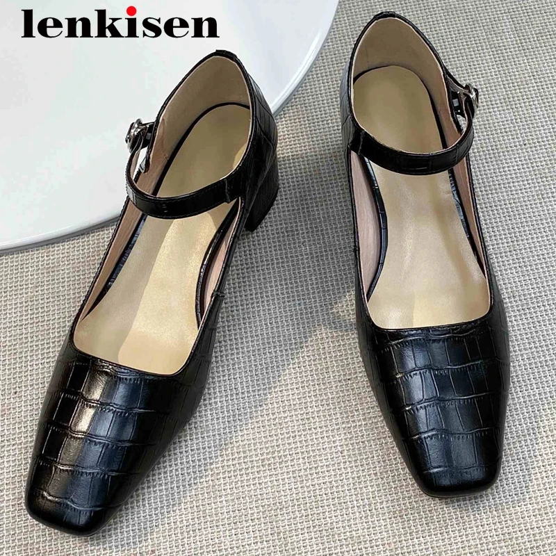 

Lenkisen big size retro fashion full grain leather stone pattern square toe thick med heel buckle straps fashion women pumps L25