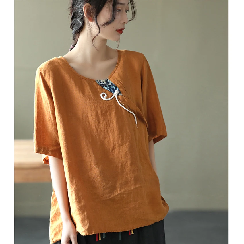 

Summer 2021 New Traditional Chinese Tops for Women Hanfu Fashion Flax Cotton Neckline Embroidery Linen Girl Tee Shirt T-shirts