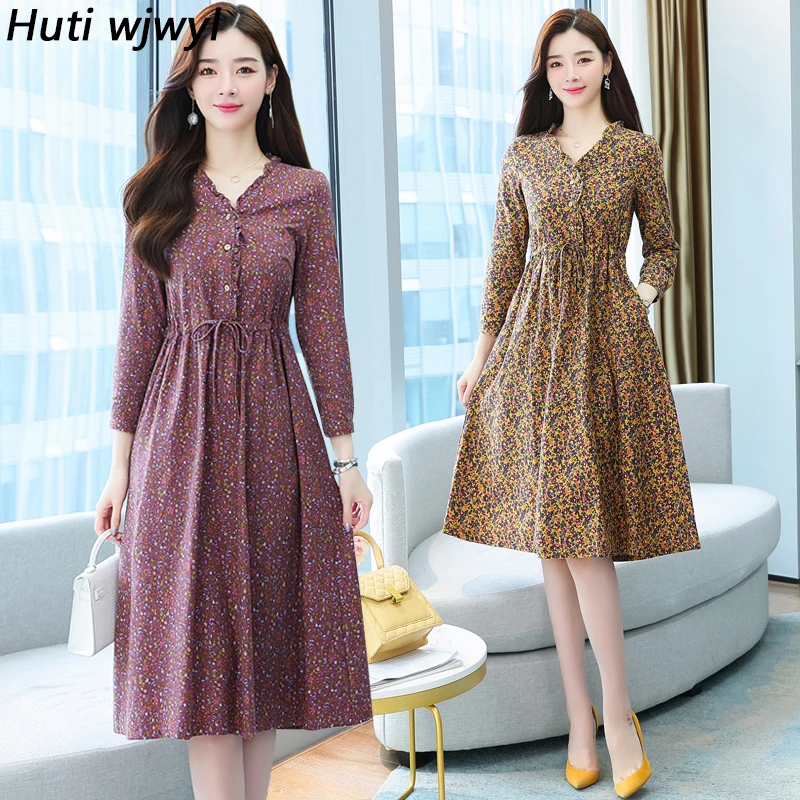 

2022 Floral Casual Long Sleeve Beach Midi Dress Women Clothes Korean Vintage Bodycon Dress Autumn Winter Elegant Party Vestidos