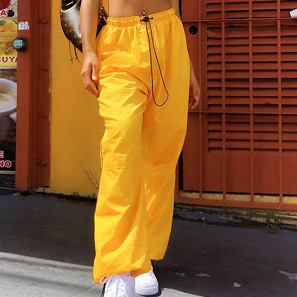 Женские брюки неоново-зеленые уличные с высокой талией эластичные длинные