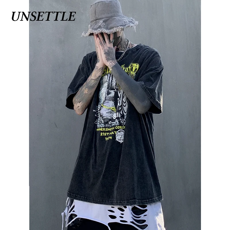 UNSETTLE Готическая футболка большого размера для мужчин/женщин хип-хоп модный принт