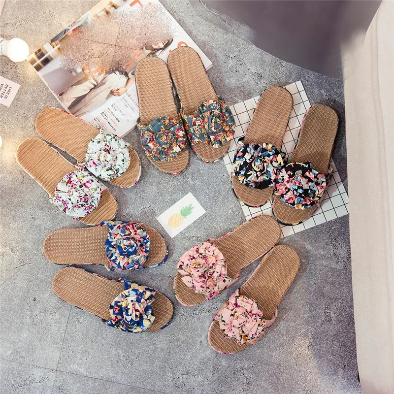 Летние льняные тапочки женская домашняя обувь с бантом и цветами Вьетнамки
