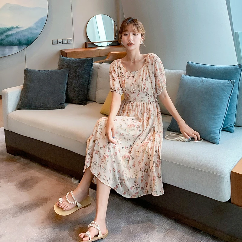 Шифоновое платье с коротким рукавом и цветочным принтом для девушек милое летнее