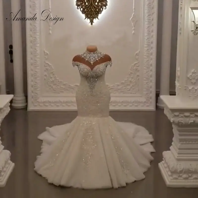 Аманда дизайн robe de mariee courte с высоким воротом и рукавами-крылышками Русалка свадебное платье в африканском стиле