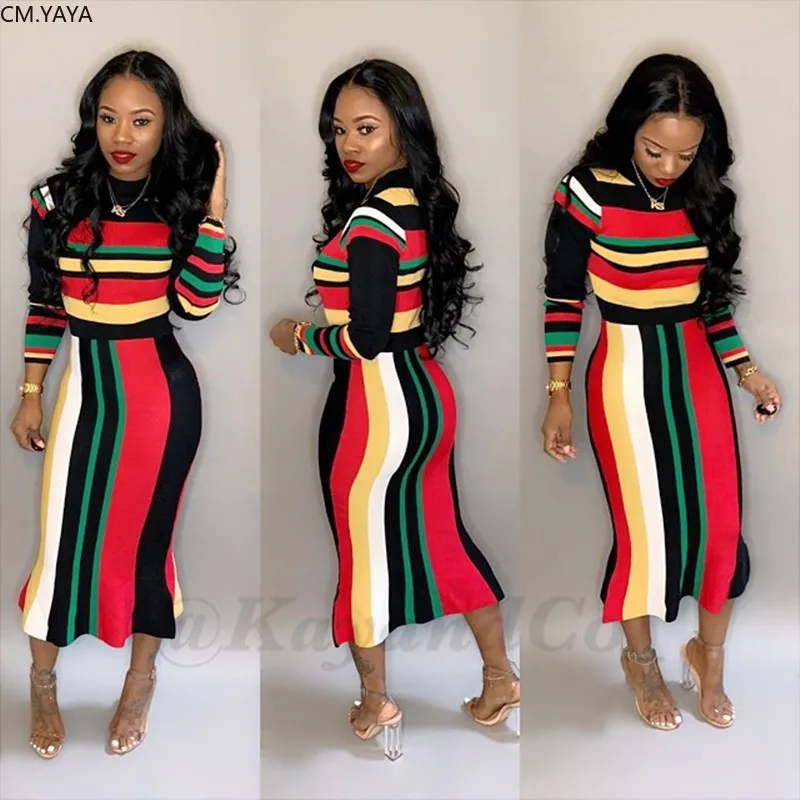 2019 для женщин на осень зиму с длинными рукавами в полоску принтом облегающее миди