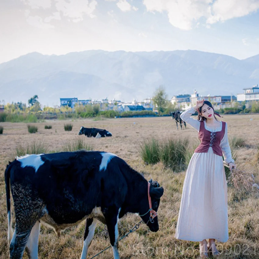 

Medieval Cosplay Costume Women Renaissance Rural Retro Vintage Halloween Linen Carnival Party Milkman Bandage Vest Maxi Dress