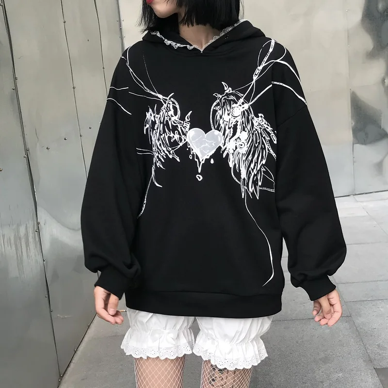 Y2k Harajuku Sweatshirts Gothic Grunge Mechanical Rabbit Ears Hooded Black Hoodie Women Autumn Punk Hoodies Fashion Streetwear | Женская