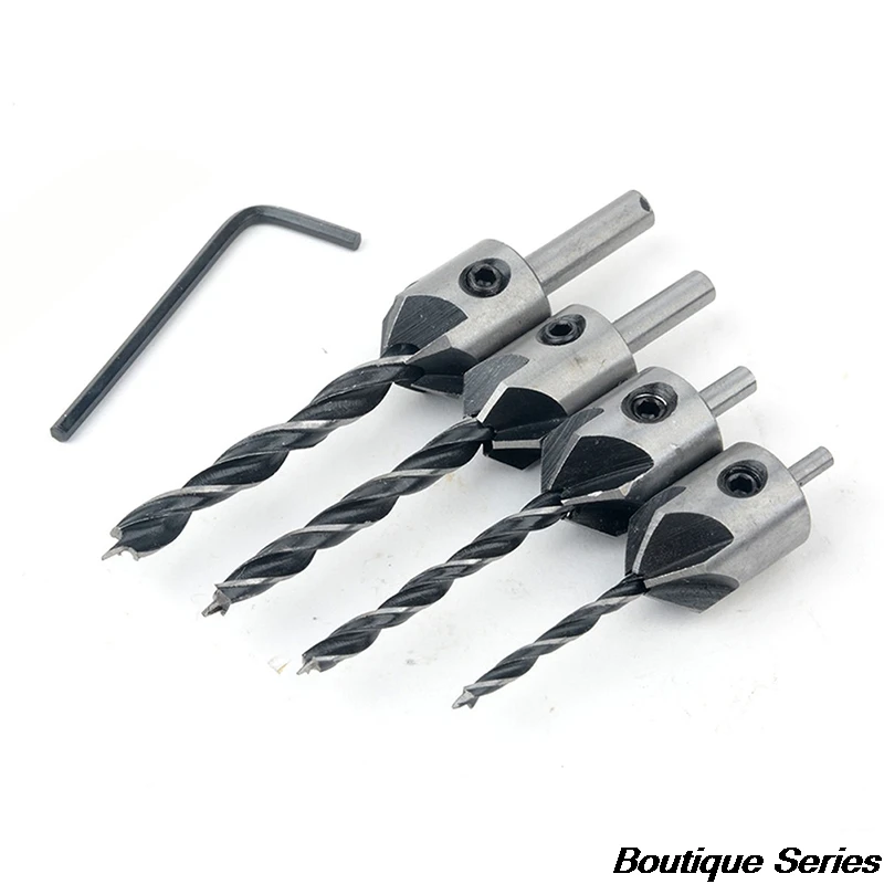 

4 pcs High Speed Steel Countersink Exquisite Wood Drill Steel Countersink Drill Set 5 Blades 3mm-6mm Utility Tool