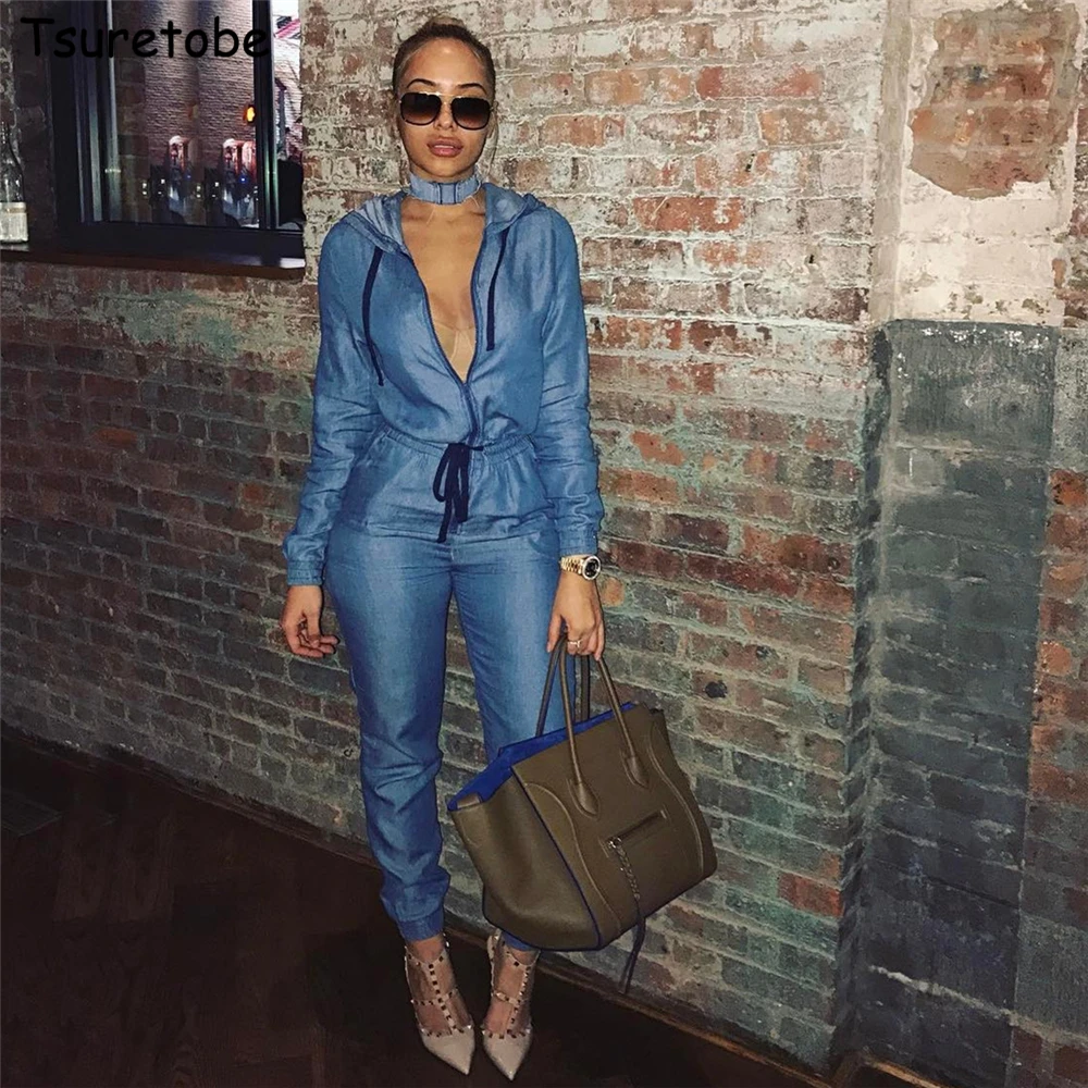 

Tmustobe Casual Hoodie Denim Jumpsuit Women Loose Bandage Party Rompers Zipper Long Sleeve Overalls With Sashes Outfits Female