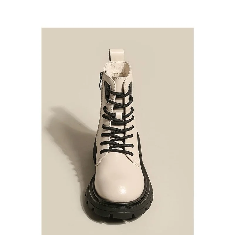 

QWEEK Women's Platform Black Beige Martin Mid-tube Single Boots 2021 New Spring Autumn Rubber British Style Fashion Designer