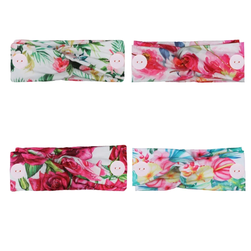 

4Pcs Ladies Button Headband Sports Print Headscarf Headband Elastic Yoga Sports Headband Hair Accessories