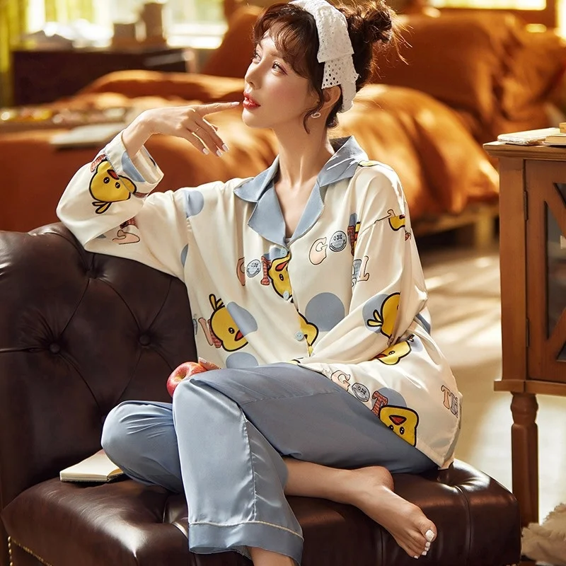 

2021 Spring And Summer New Ice And Snow Silk Pajamas V-neck Long Sleeve Trousers Cute Sexy Silk Home Clothes Two Piece Suit