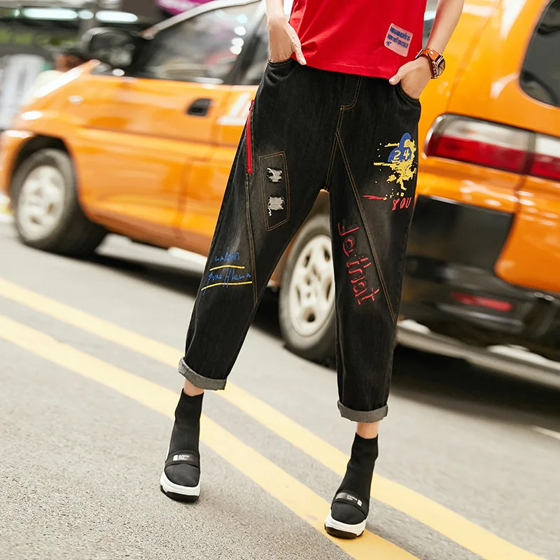 Black Printed Max LuLu/ осенние корейские модные женские винтажные брюки женские джинсы с принтом свободные шаровары Повседневная Уличная Одежда большого размера - Цвет: Black Printed