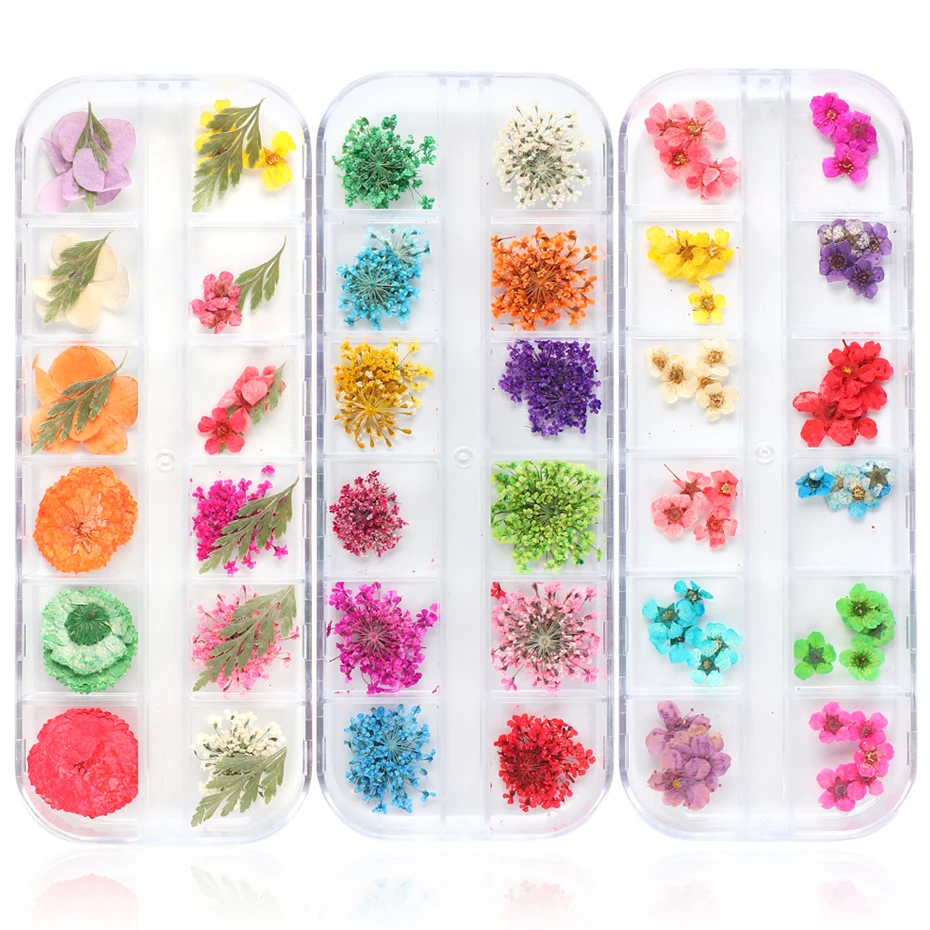 Смешанные узоры сухие цветы наклейки для дизайна ногтей украшения маргаритки 3D