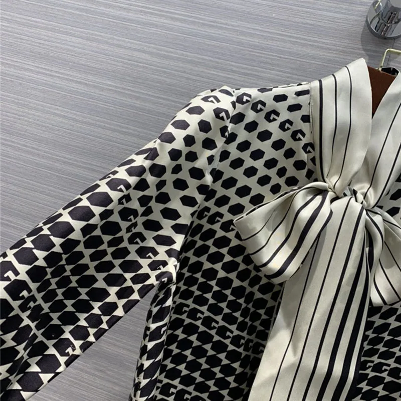 

Women Vintage Blouse Tops Runway 2021 Spring Summer Lace Up Geometric Printed Plus Size Ladies Chiffon Shirts Korean Clothes Y2k