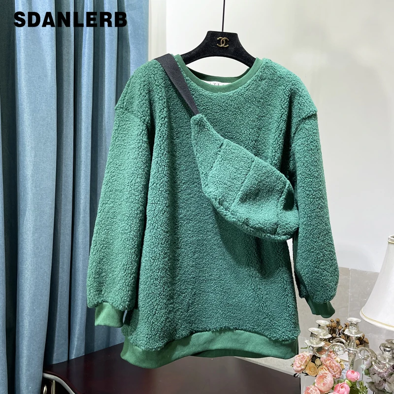 

Новинка Осень-зима 2021, Свитшот из овечьей шерсти, женские повседневные толстовки с круглым вырезом, повседневный свободный однотонный плюш...