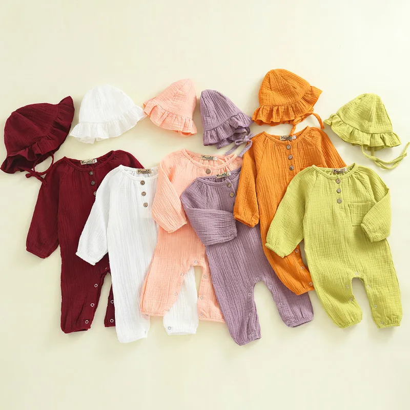 

Комбинезон для новорожденных мальчиков и девочек, комбинезон с длинным рукавом, однотонные детские комбинезоны, комбинезон с шапочкой с об...