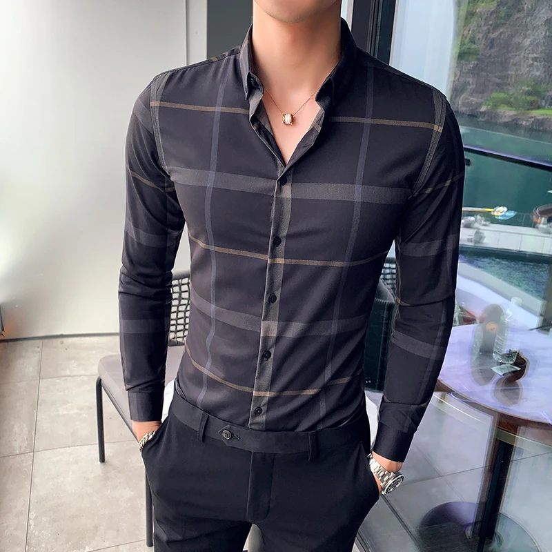 Осень 2019 мужская клетчатая приталенная рубашка в Корейском стиле с длинными