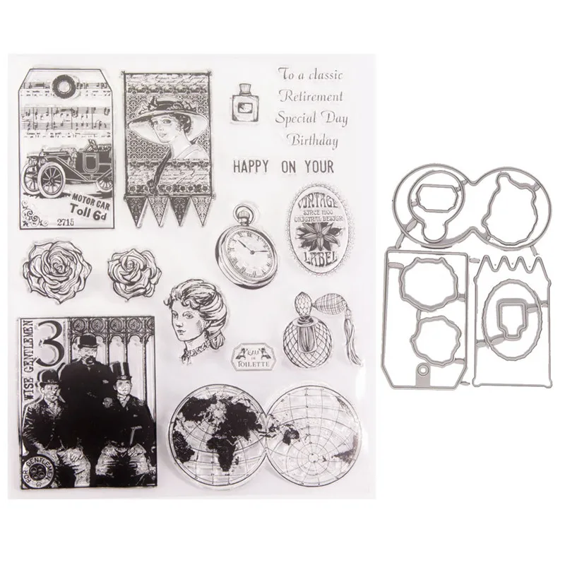 

Cutting Dies With Clear Stamp Of Retro Ladies Men Clock Handbooking Set dIY Scrapbooking Paper Embossing Stencil Painting Seal