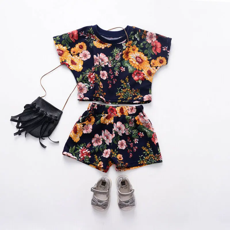 Toddler Kid Baby Girl Floral Tops T-Shirt Elastic Shorts Outfits Clothes Summer Short Sleeve Flower Pants Cotton Soft Set | Мать и