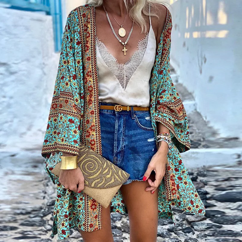

2021 early autumn new thin loose bohemian long-sleeved printed mid-length cardigan coats women