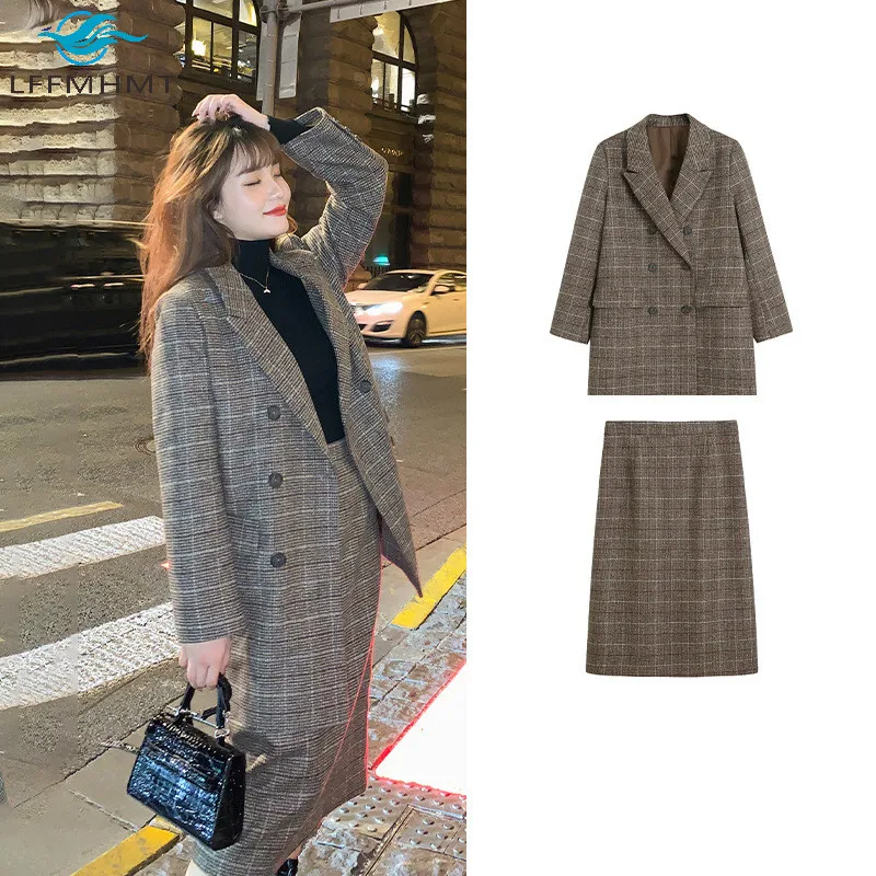 

Office Lady Spring Fall New Large Size Classical Fashion Korean Style Plaid 2 Piece Casual Slim Wool Suit Women Trendy Clothing