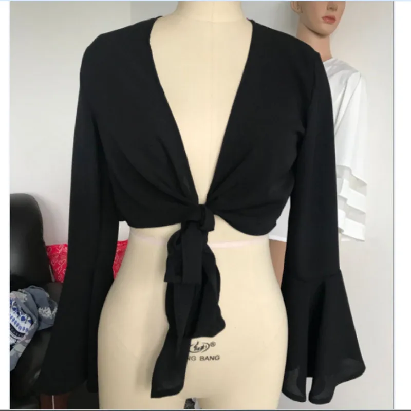 Женская рубашка с рукавом-бабочкой Повседневная однотонная блузка на завязках