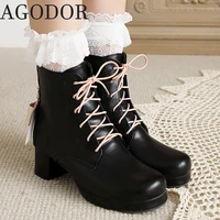 agodor lolita boots women shoes sweet ankle boots chunky heel lace up booties shoes lolita shoes platform boots with bow cute