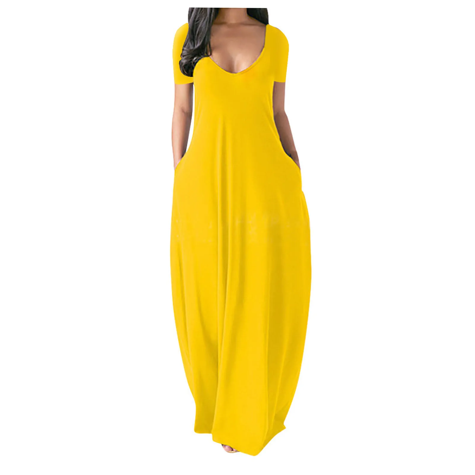 

Women Summer Loose Maxi Dress Solid Short Sleeve Pocket High Waist Long Dress Female Sexy V-neck Plus Size Robe Dresses Vestidos