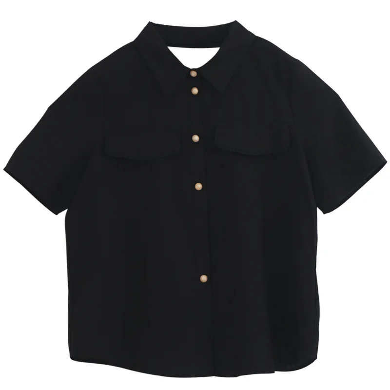 

2021 summer new casual fashion short-sleeved right-angle shoulder shirt French retro simple and comfortable top women