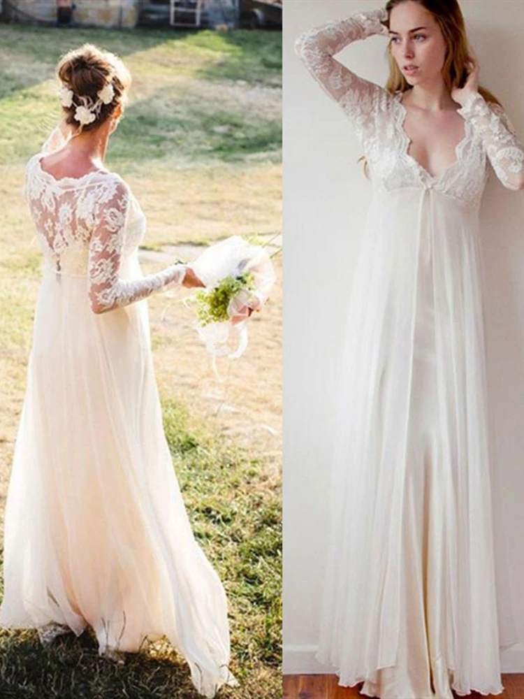 

Кружевные свадебные платья с длинным рукавом, бохо, длина до пола, шифон, vestido de noiva, богемные Свадебные платья с v-образным вырезом, завышенна...