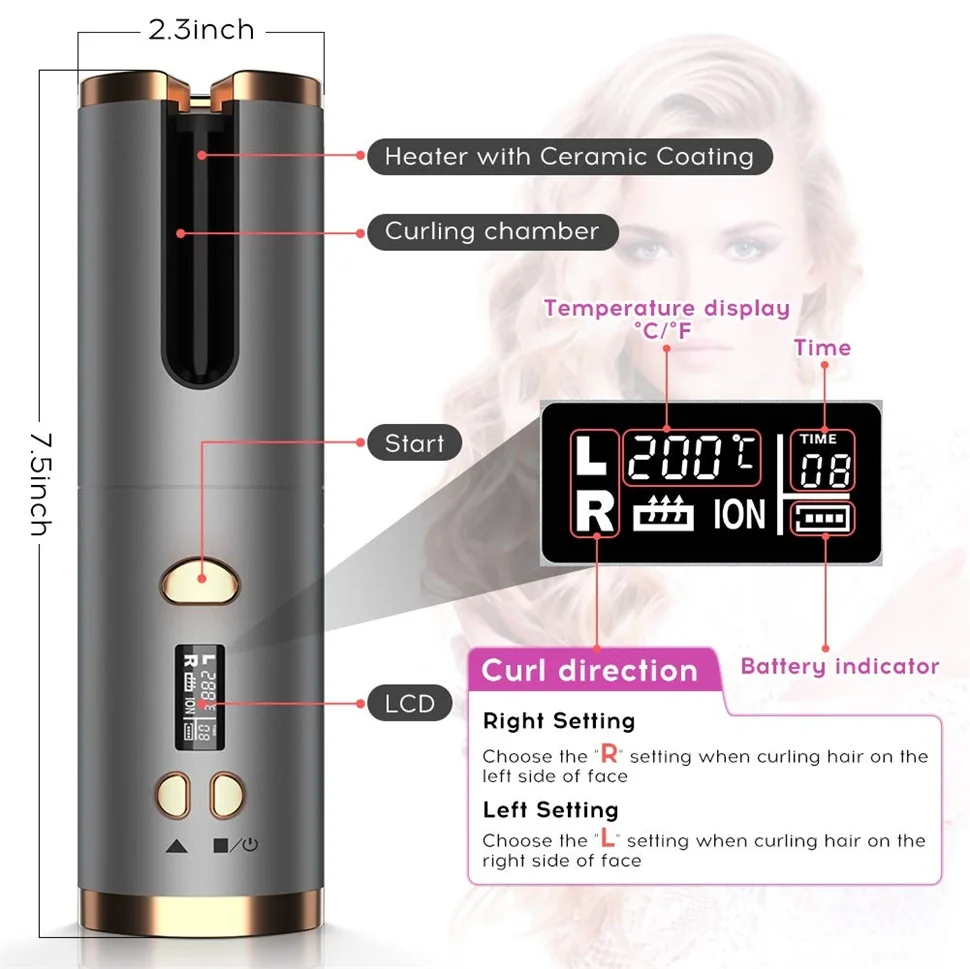 

Cordless Automatic Rotating Hair Curler USB Rechargeable Curling Iron LED Display Temperature Adjustable styling tool Wave Styer