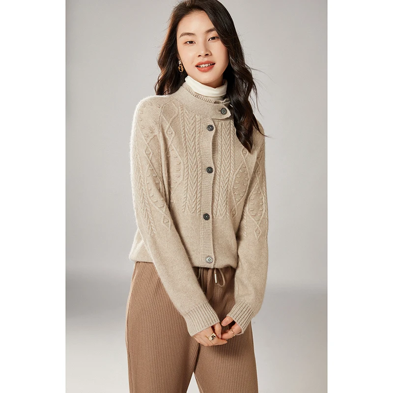 Autumn And Winter Semi-High Collar Cardigan Thick Loose Women's Wool Fashion Chic Knitted Jacket Elegant Twisted Long Sleeves