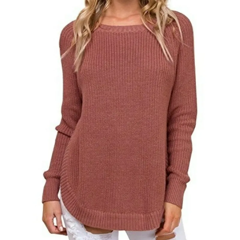 Женский вязаный свитер с разрезом по бокам повседневный однотонный джемпер