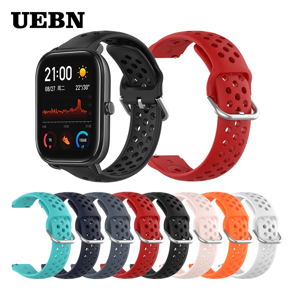 

Ремешок UEBN силиконовый для Xiaomi Huami Amazfit bip S GTR 42 мм, спортивный Воздухопроницаемый сменный Браслет для наручных часов, 20 мм