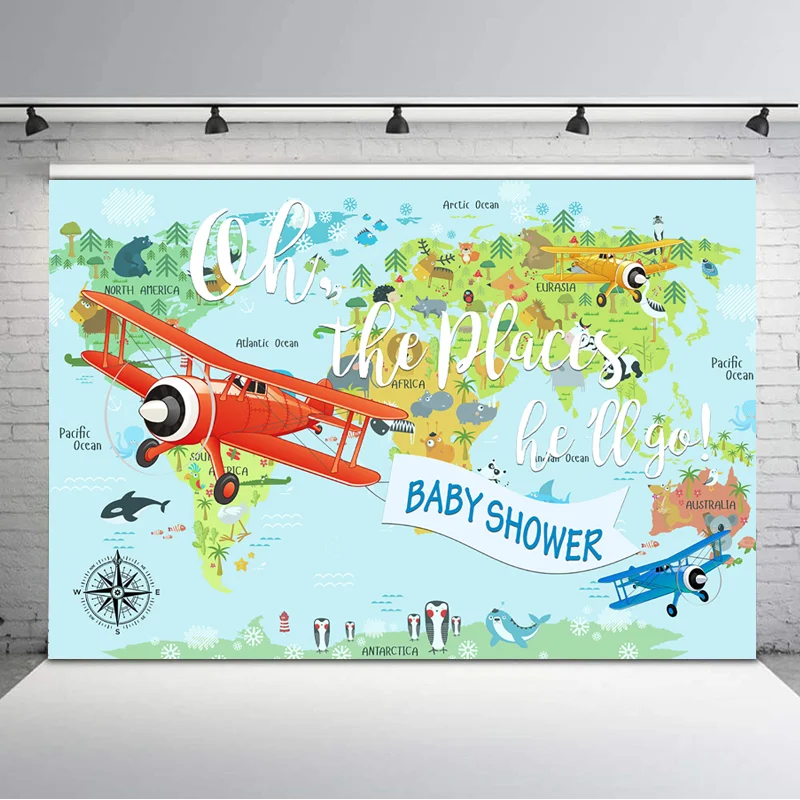Фон для фотосъемки NeoBack Oh The Place He Go Baby Shower Карта мира приключения красный самолет