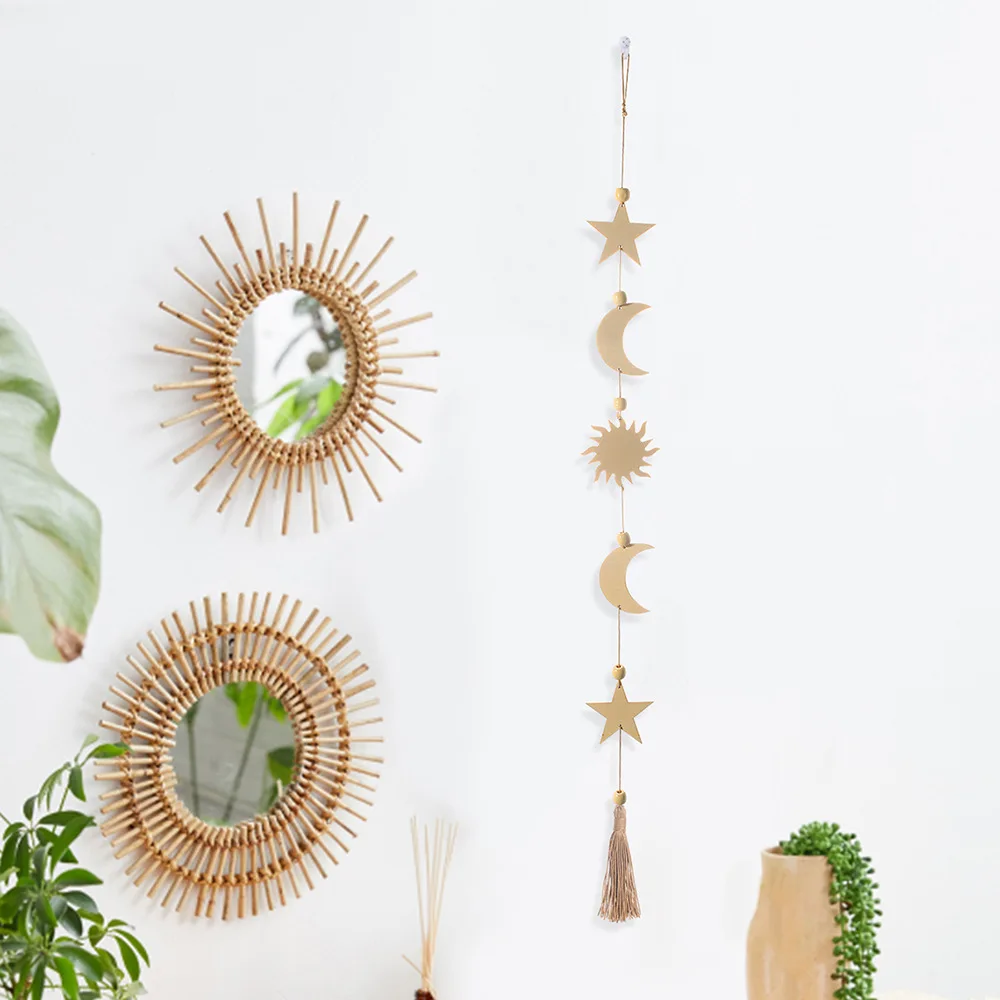 

Moon Star Wood Chip Pendant Bohemian Mural Decoration Tassel Room Bedroom Gift Boho Dream Catcher Christmas Ornament Gifts 2021
