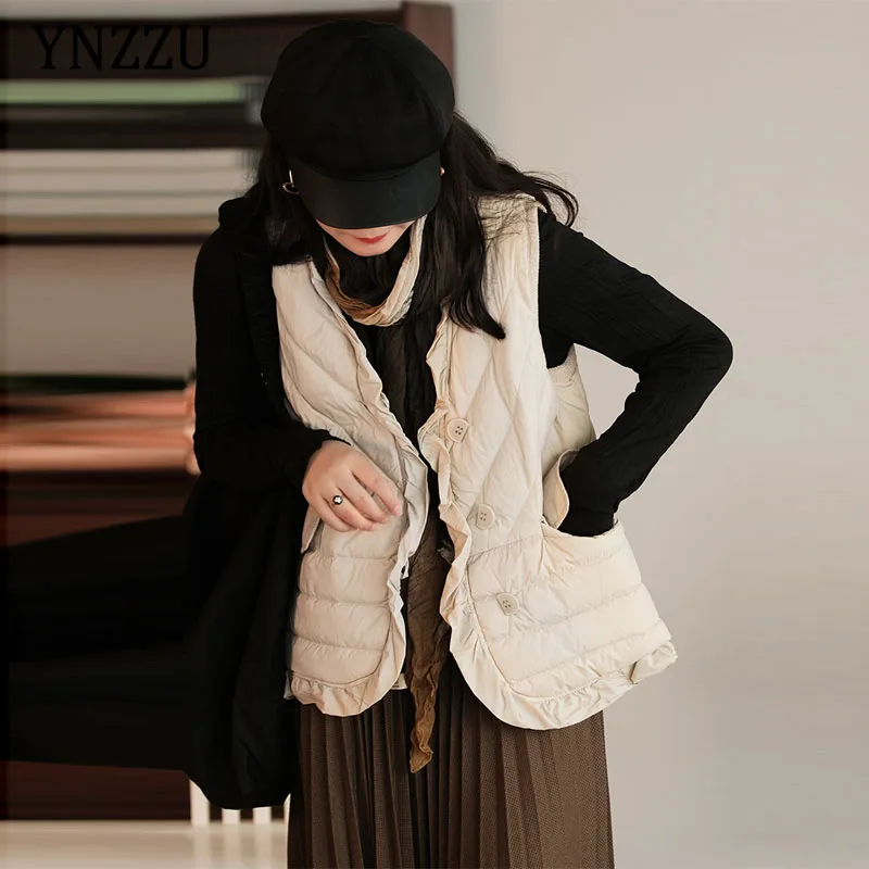

Elegant Female Ruffles Down vest 2021 Autumn Winter Solid V-neck Sleeveless Jacket Coat Loose Fashion Ultra Light YNZZU 1O268