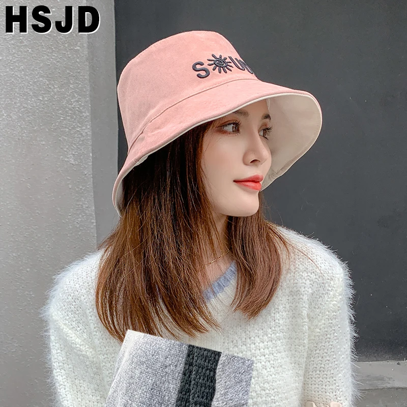 Women‘s Hats Autumn Winter Double-sided Bucket Hat Wide Brim Foldable Fashion Letter Embroidery Fisherman Hat Female Cap Gorras