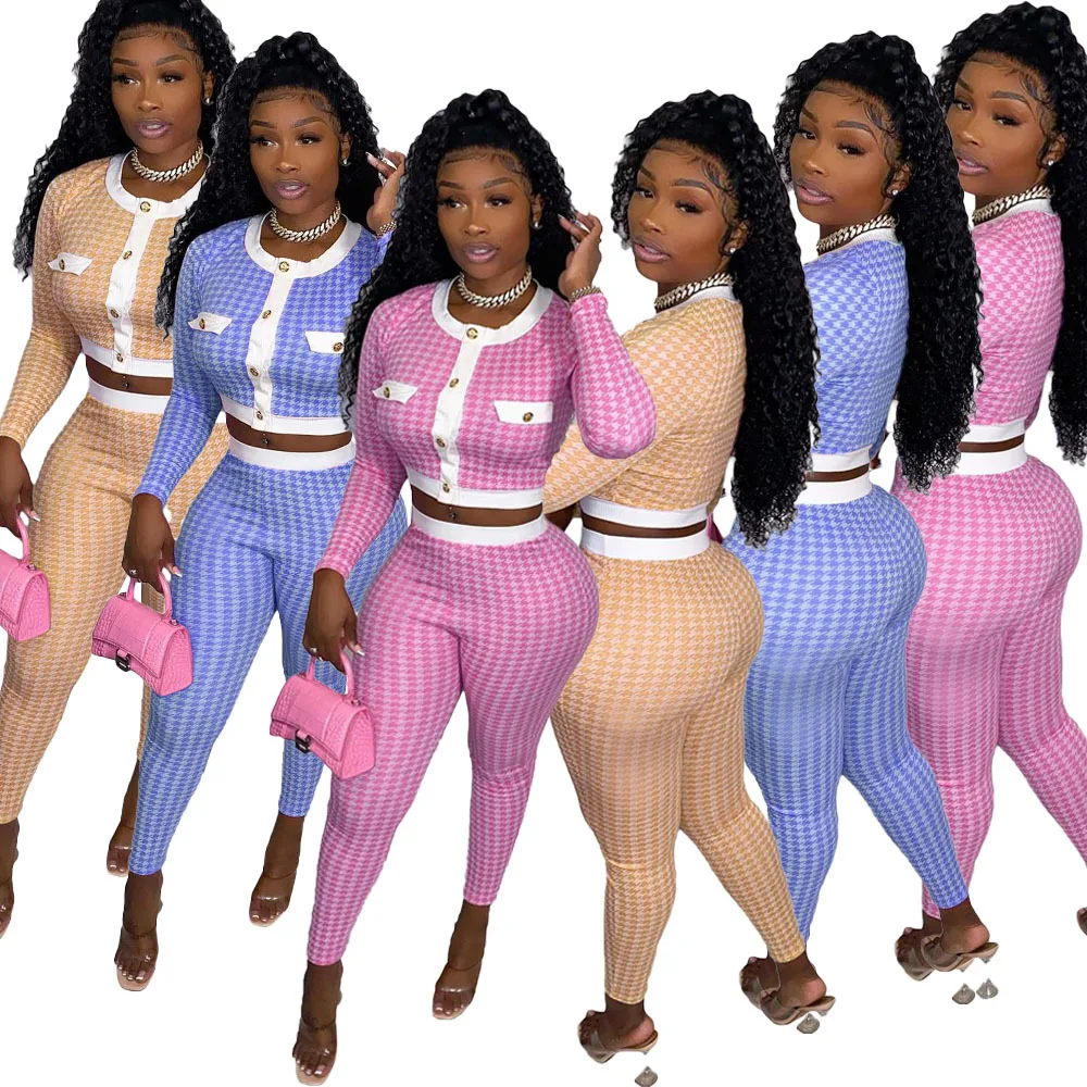 

ChocoMist Two Piece Plaid Print Button Design Pants Set