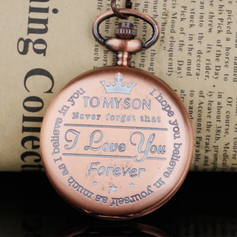 

Engraved Text Pendant Retro Quartz Pocket Watch Men Necklace Chain Clock Gifts for Boys Son