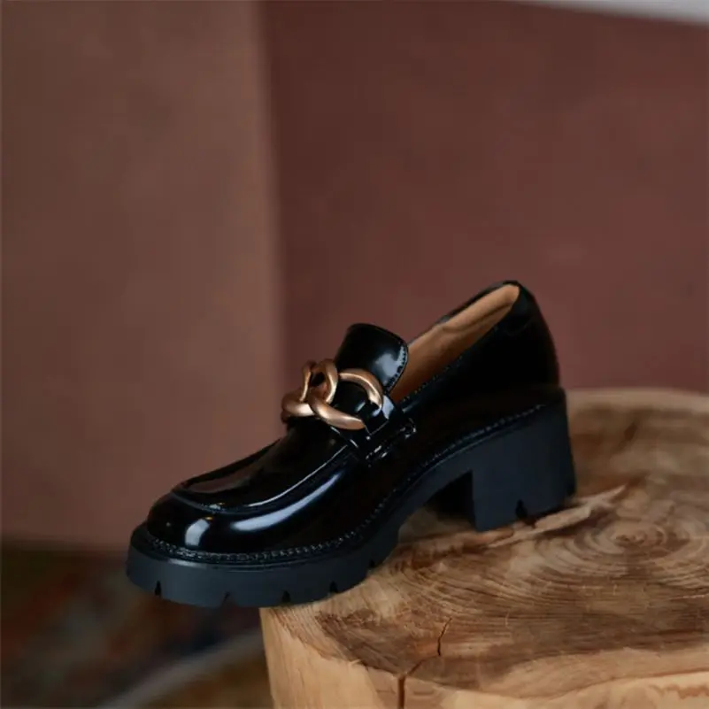 

ANNYMOLI Woman Loafers Shoes Real Leather Pumps Platform High Heels Square Toe Pumps Chain Chunky Heels Lady Footwear 2021 New