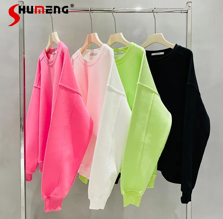 

New Fashion Plain Women Cotton Hoodies Crew Neck Bat Sleeve Oversized Pullover Teenager Sweatshirts All-match Casual Tops