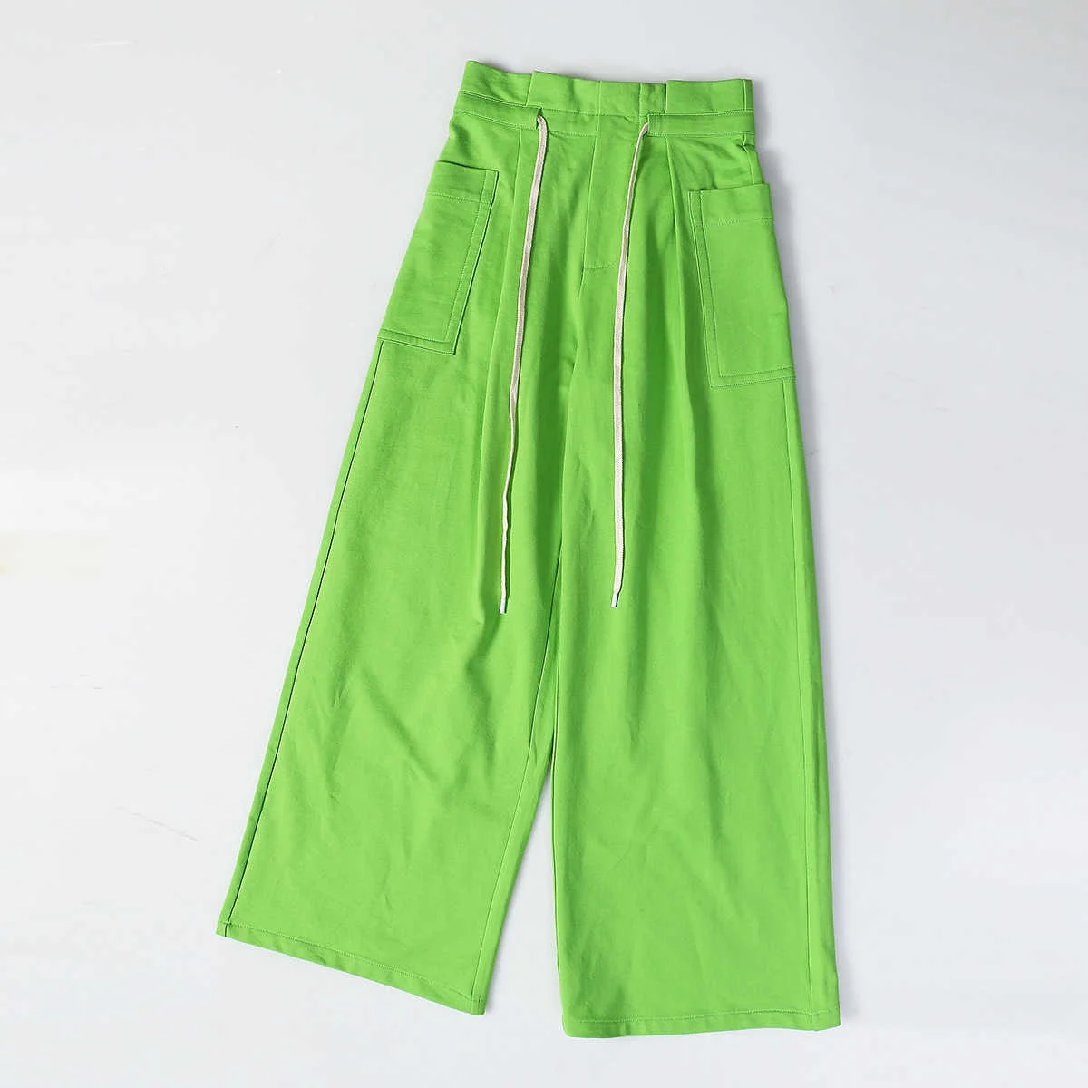 

DEAT 2021 New Summer Fashion High Wait Drawstring Full Length Pants Green Color Sports Pants Female Trousers Tide WS55106L