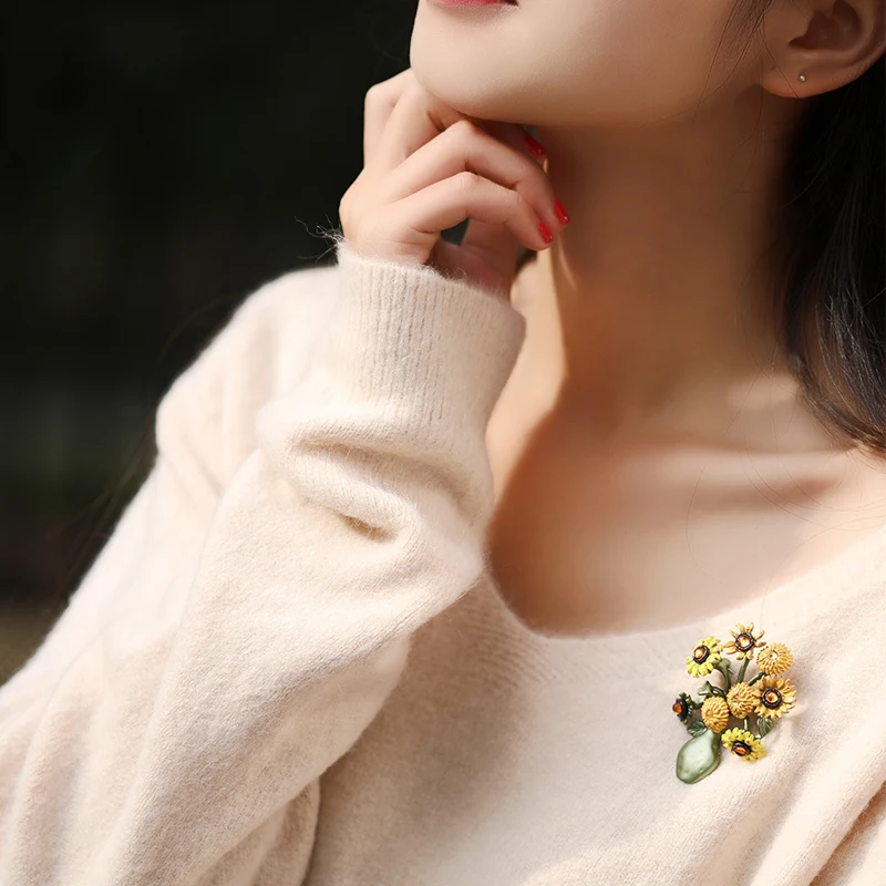 Женская Брошь в виде вазы подсолнуха осенне-зимняя брошь стиле ретро аксессуары