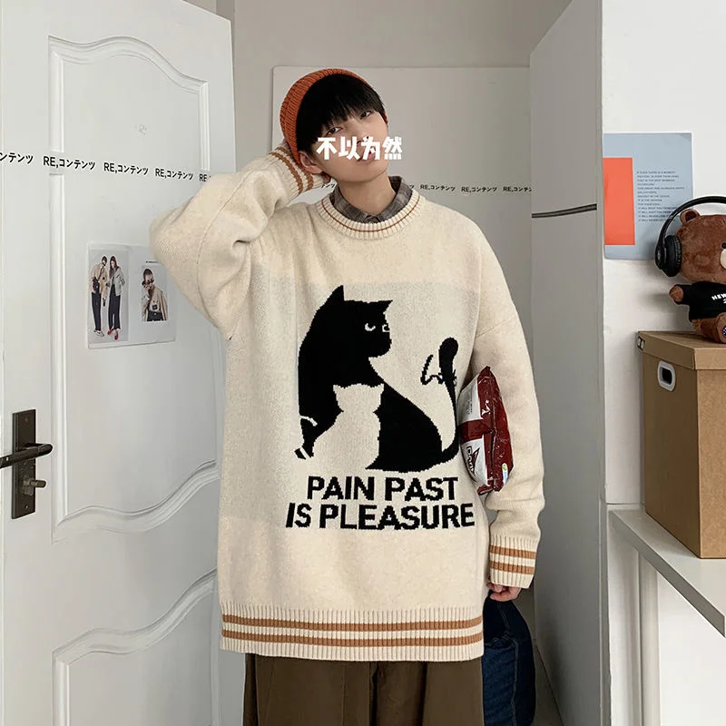 

HYBSKR 2021 New Autumn Winter Oversize Sweater Fashion Loose Cartoon Cat Men Pullovers Jumpers Vintage Casual Men's Clothing